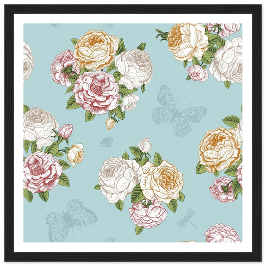 Tiffany Rose Cluster Art Print | William Morris Inspired - Framed Poster - 30x30 cm / 12x12″ - Black frame