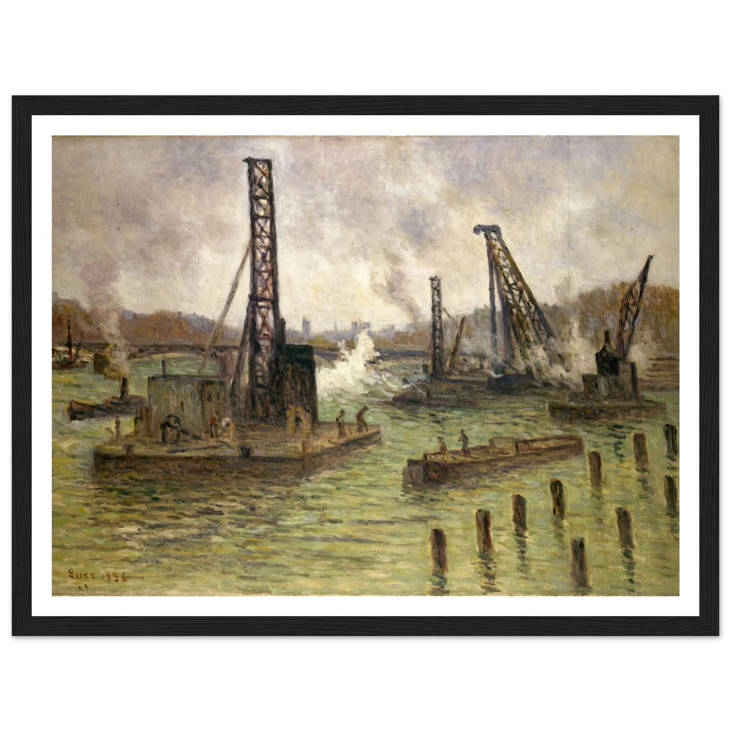 Travaux sur la Seine, au pont des Saints-Pères (1936) Art Print | Maximilien Luce - Framed Poster - 30x40 cm / 12x16″ - Black frame