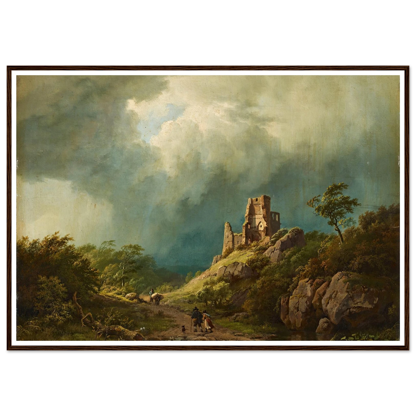 Travellers passing a ruined castle in a stormy landscape (1835) Art Print | Barend Cornelis Koekkoek - Framed Poster - 30x40 cm / 12x16″ - Black frame