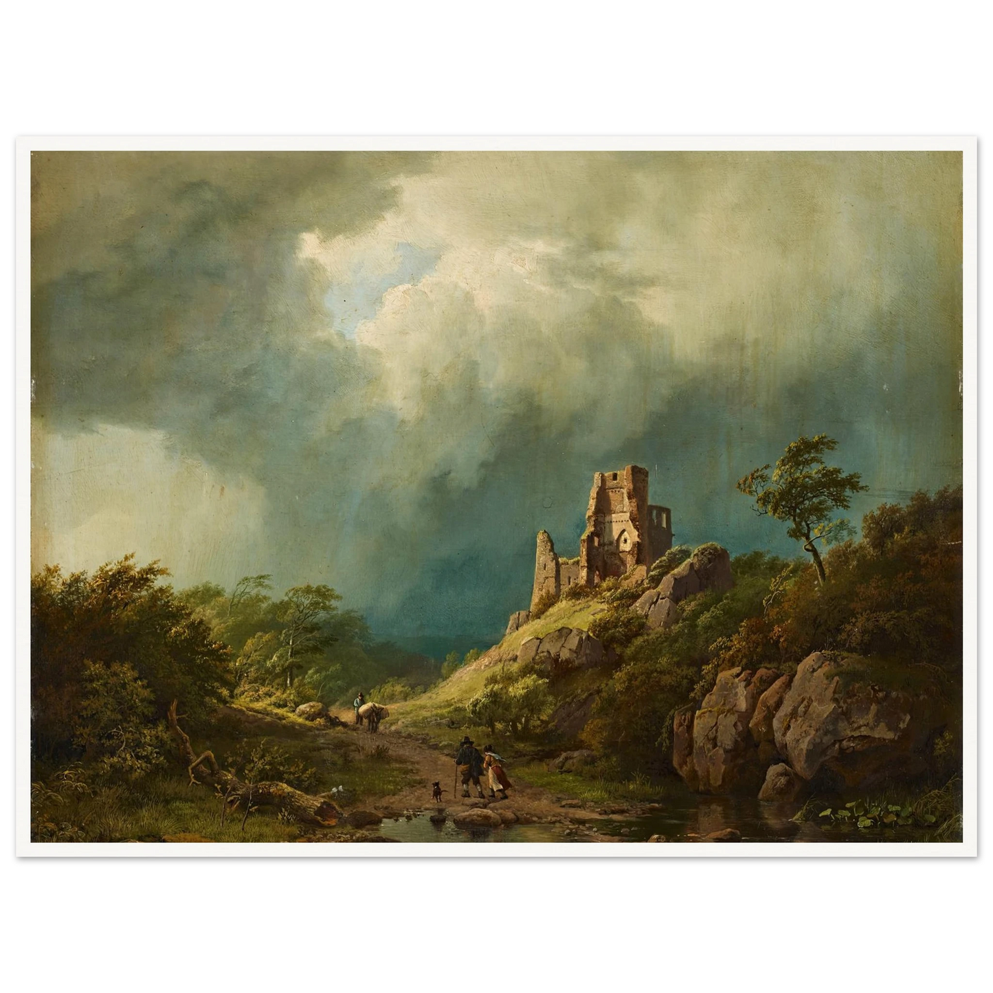Travellers passing a ruined castle in a stormy landscape (1835) Art Print | Barend Cornelis Koekkoek - Framed Poster - 30x40 cm / 12x16″ - Black frame