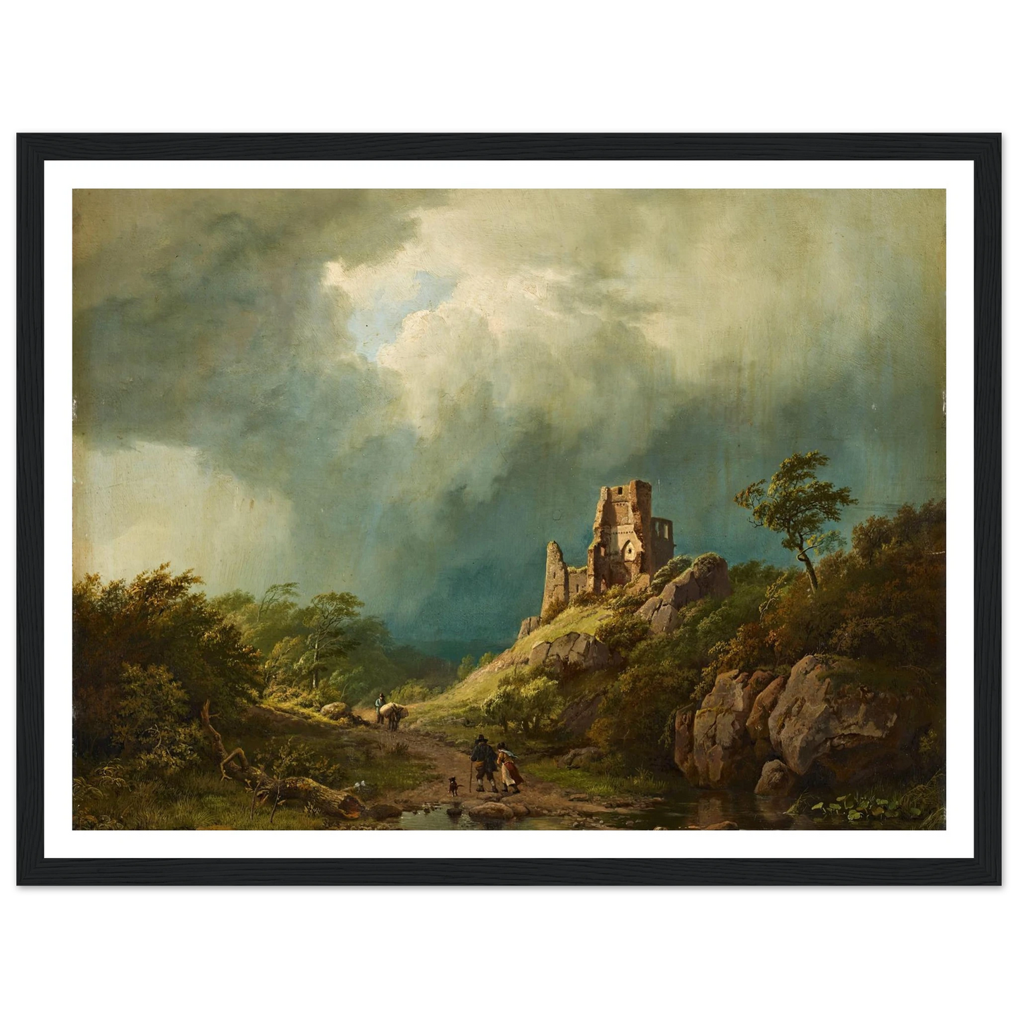 Travellers passing a ruined castle in a stormy landscape (1835) Art Print | Barend Cornelis Koekkoek - Framed Poster - 30x40 cm / 12x16″ - Black frame