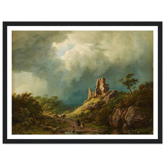 Travellers passing a ruined castle in a stormy landscape (1835) Art Print | Barend Cornelis Koekkoek - Framed Poster - 30x40 cm / 12x16″ - Black frame