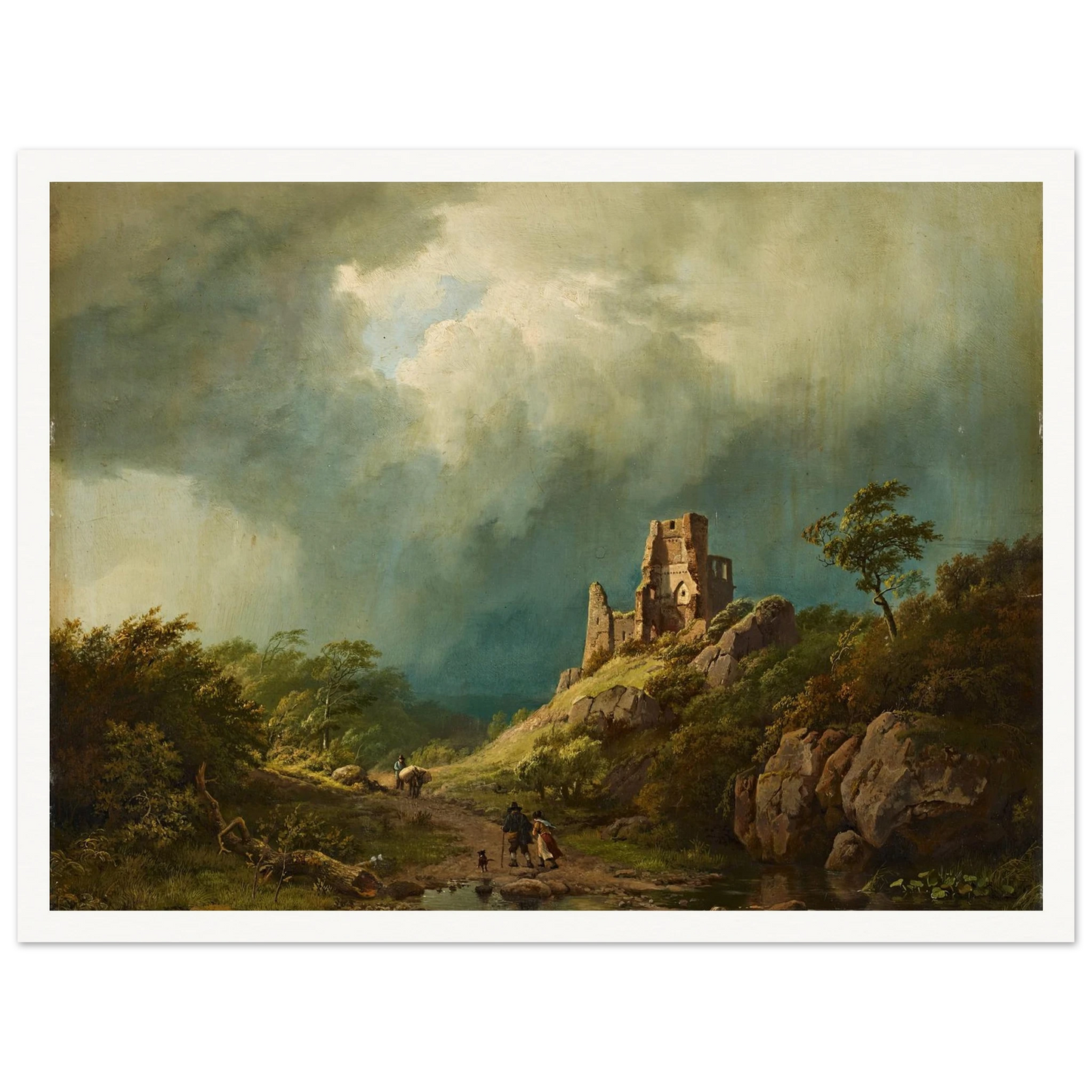 Travellers passing a ruined castle in a stormy landscape (1835) Art Print | Barend Cornelis Koekkoek - Framed Poster - 30x40 cm / 12x16″ - Black frame