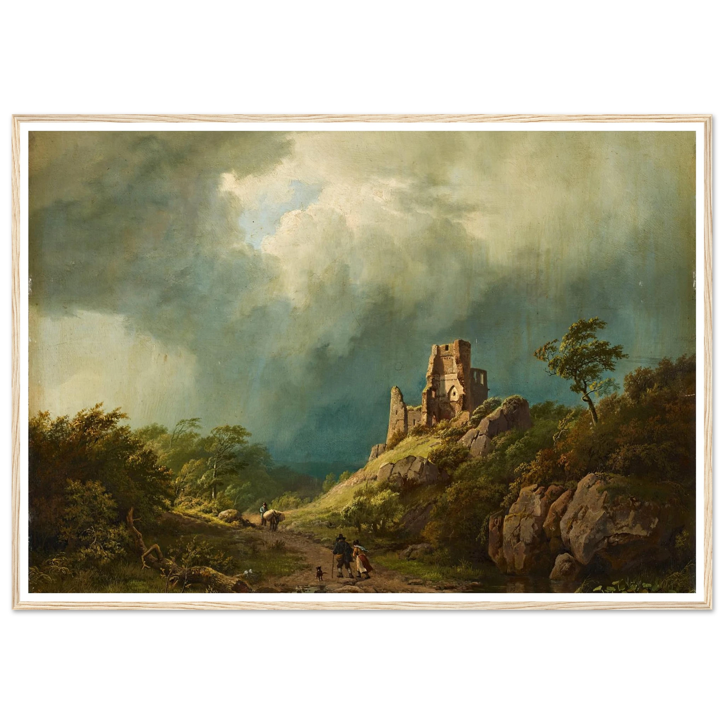 Travellers passing a ruined castle in a stormy landscape (1835) Art Print | Barend Cornelis Koekkoek - Framed Poster - 30x40 cm / 12x16″ - Black frame