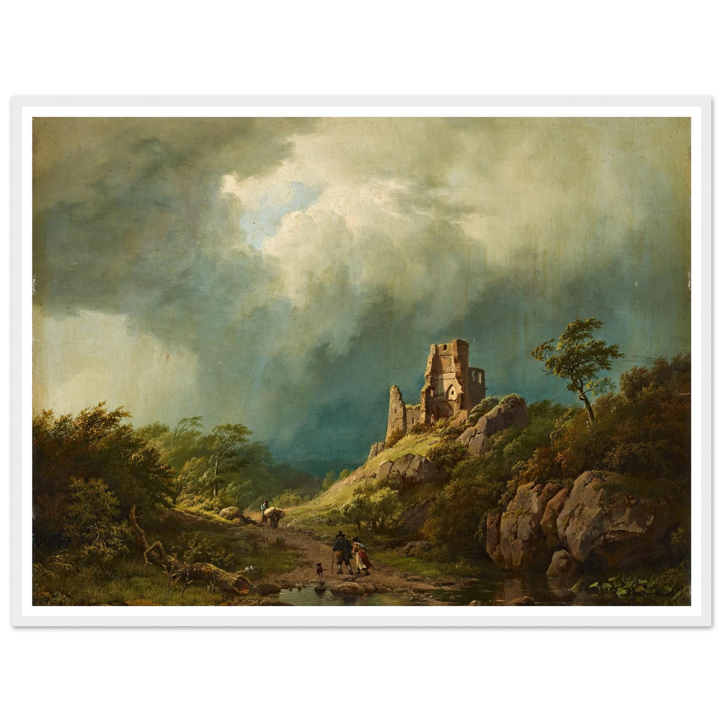Travellers passing a ruined castle in a stormy landscape (1835) Art Print | Barend Cornelis Koekkoek - Framed Poster - 30x40 cm / 12x16″ - Black frame