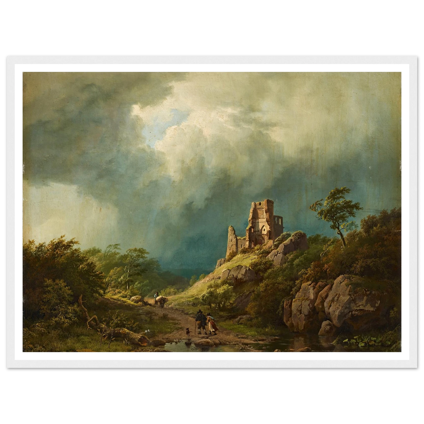 Travellers passing a ruined castle in a stormy landscape (1835) Art Print | Barend Cornelis Koekkoek - Framed Poster - 30x40 cm / 12x16″ - Black frame