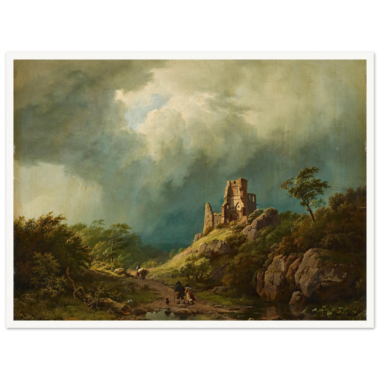 Travellers passing a ruined castle in a stormy landscape (1835) Art Print | Barend Cornelis Koekkoek - Framed Poster - 30x40 cm / 12x16″ - Black frame