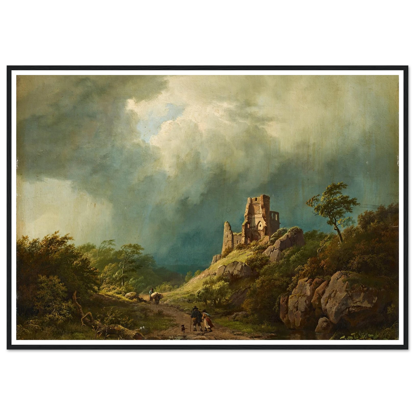 Travellers passing a ruined castle in a stormy landscape (1835) Art Print | Barend Cornelis Koekkoek - Framed Poster - 30x40 cm / 12x16″ - Black frame