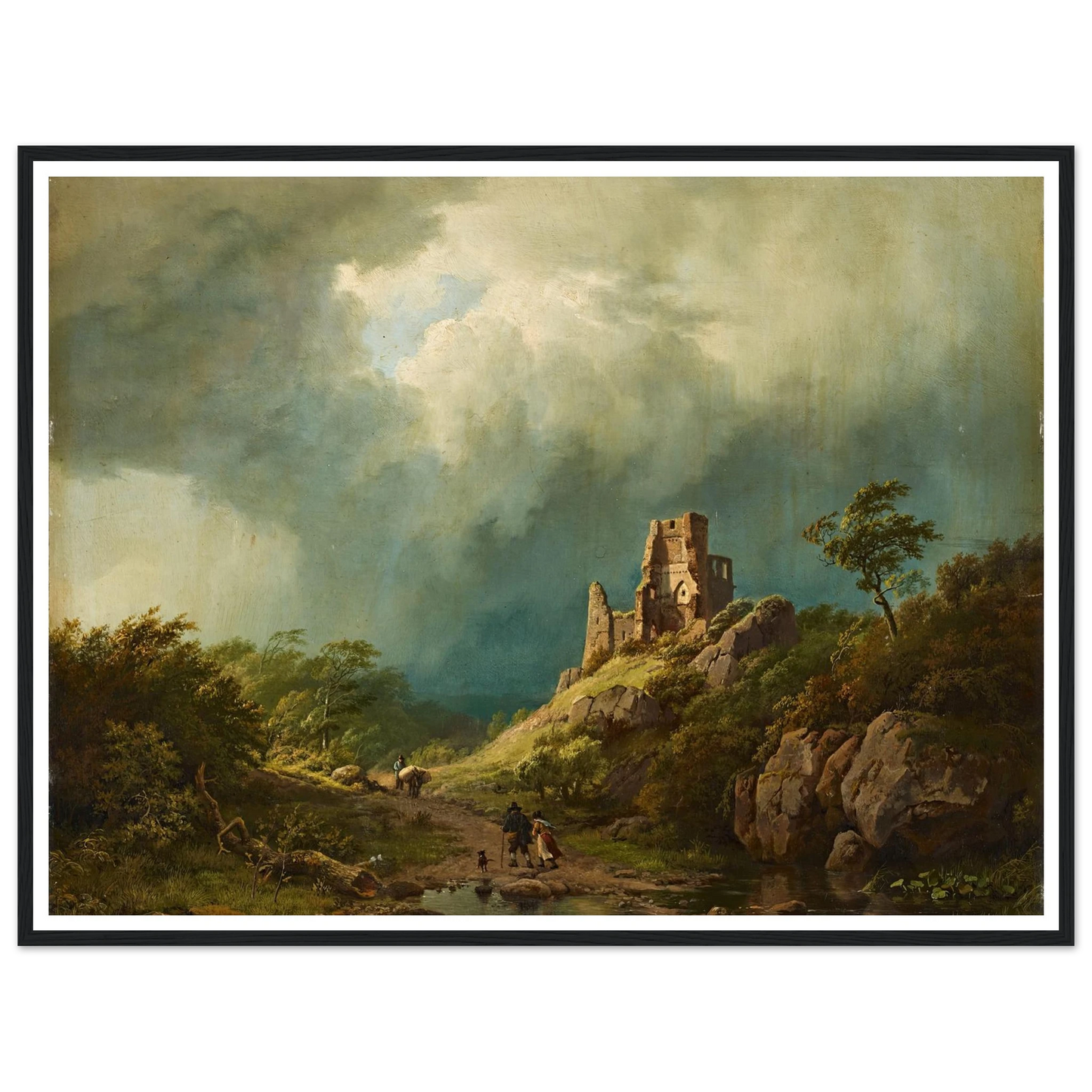 Travellers passing a ruined castle in a stormy landscape (1835) Art Print | Barend Cornelis Koekkoek - Framed Poster - 30x40 cm / 12x16″ - Black frame