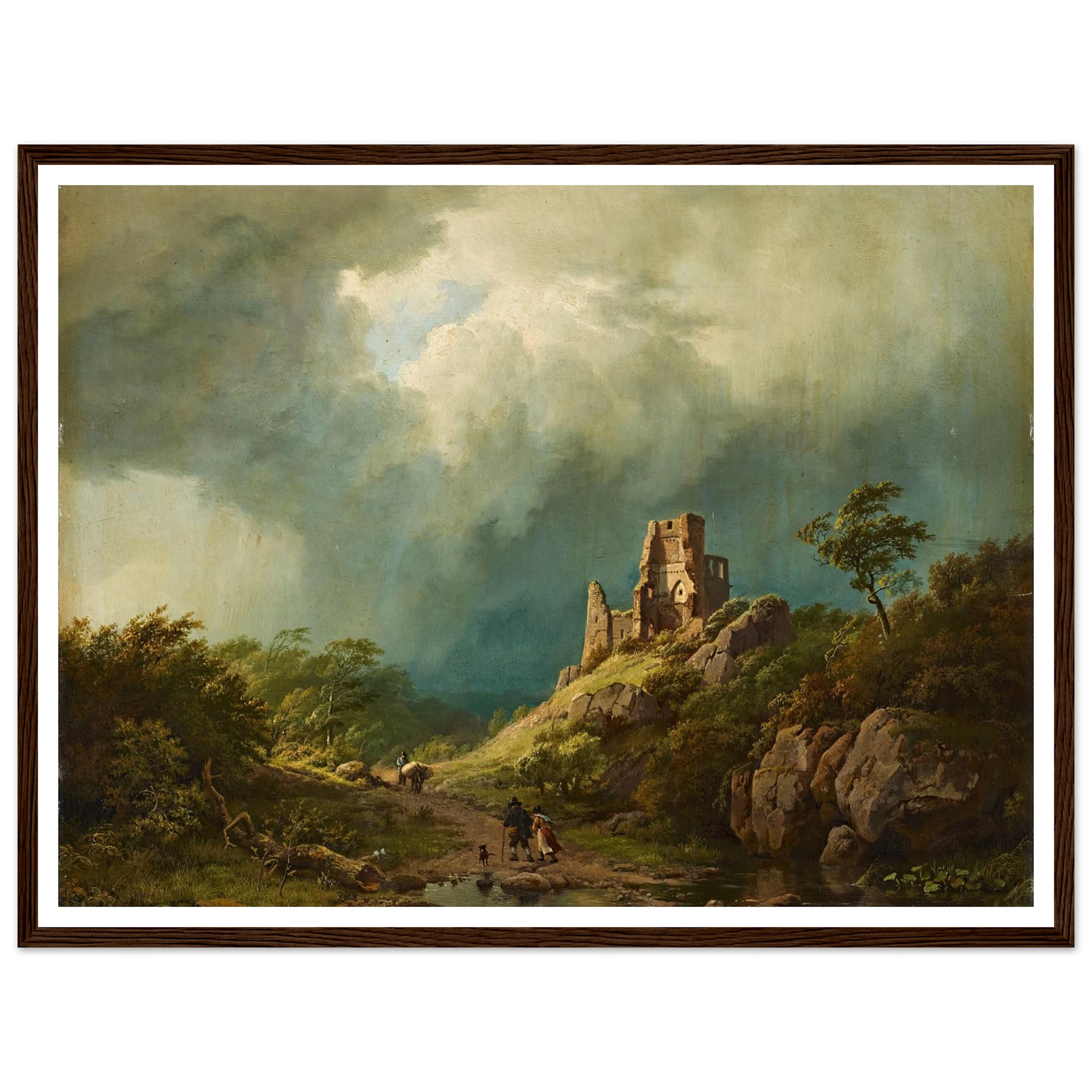 Travellers passing a ruined castle in a stormy landscape (1835) Art Print | Barend Cornelis Koekkoek - Framed Poster - 30x40 cm / 12x16″ - Black frame