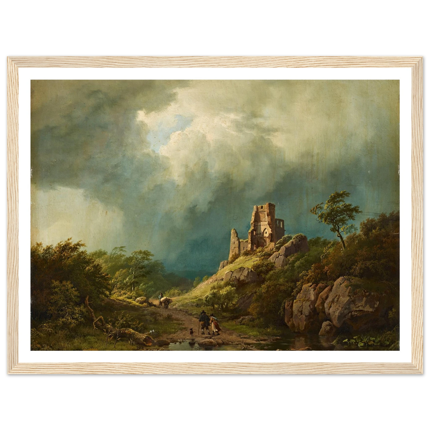 Travellers passing a ruined castle in a stormy landscape (1835) Art Print | Barend Cornelis Koekkoek - Framed Poster - 30x40 cm / 12x16″ - Black frame