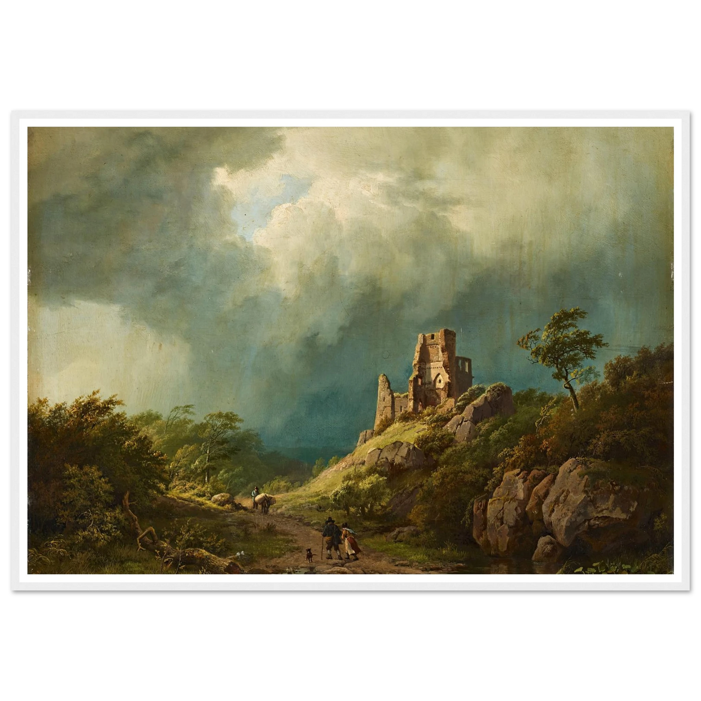 Travellers passing a ruined castle in a stormy landscape (1835) Art Print | Barend Cornelis Koekkoek - Framed Poster - 30x40 cm / 12x16″ - Black frame