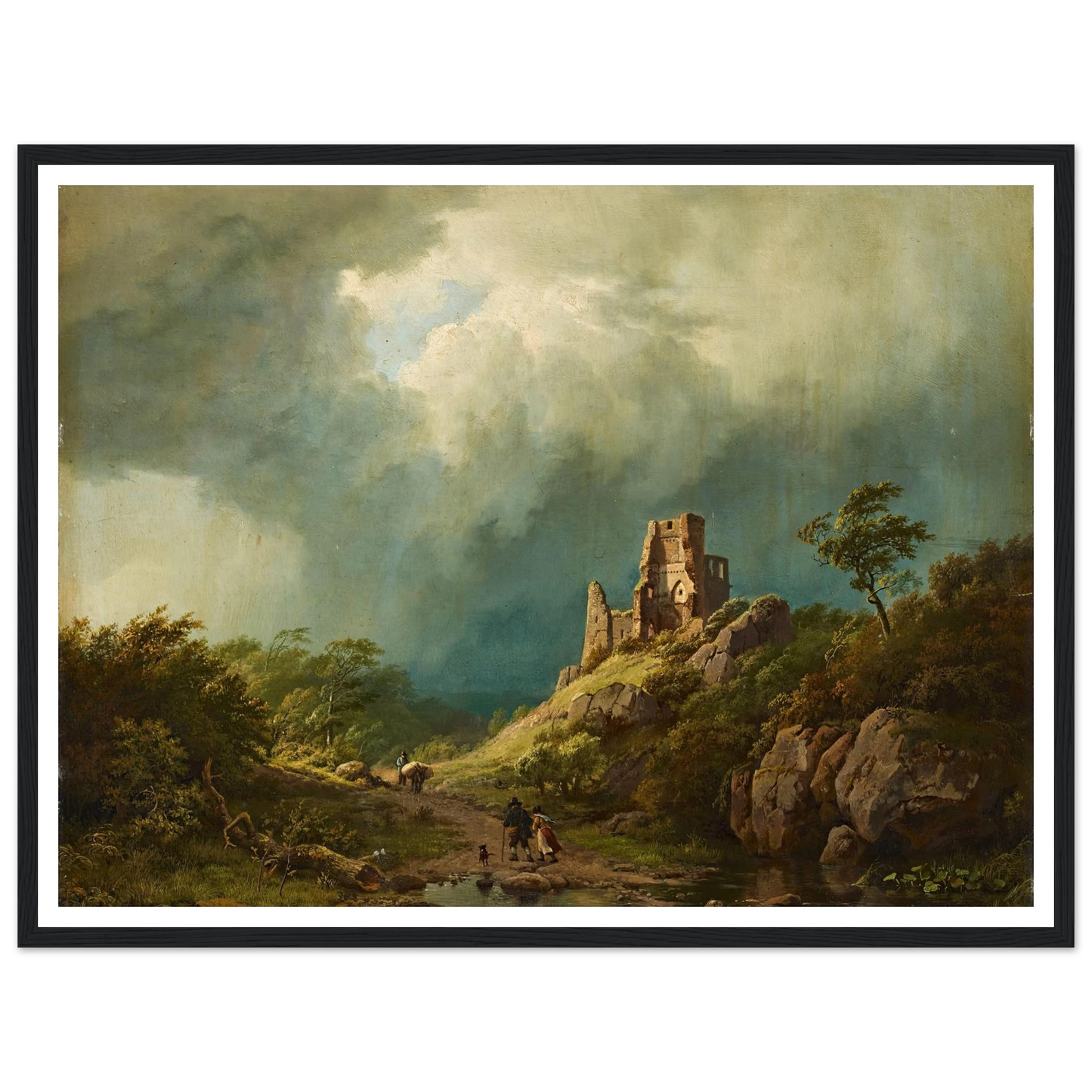 Travellers passing a ruined castle in a stormy landscape (1835) Art Print | Barend Cornelis Koekkoek - Framed Poster - 30x40 cm / 12x16″ - Black frame