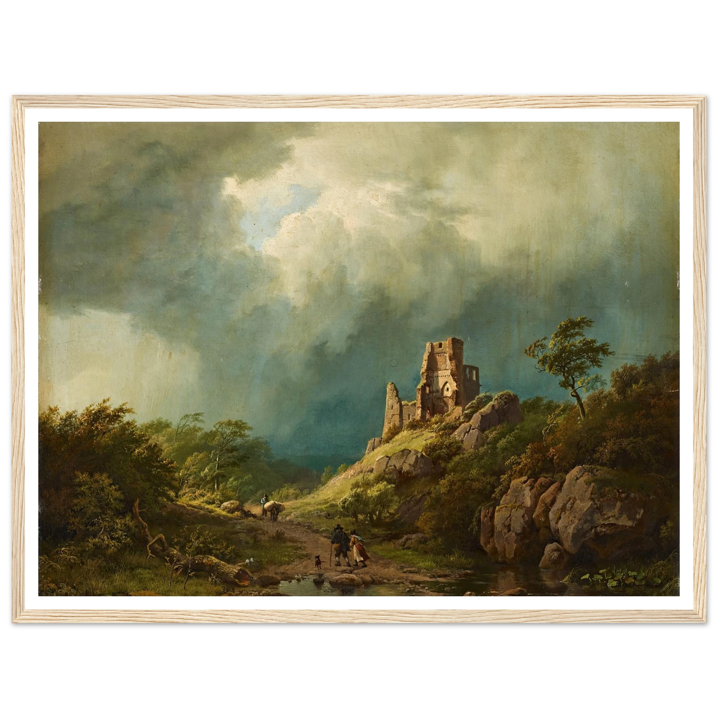 Travellers passing a ruined castle in a stormy landscape (1835) Art Print | Barend Cornelis Koekkoek - Framed Poster - 30x40 cm / 12x16″ - Black frame