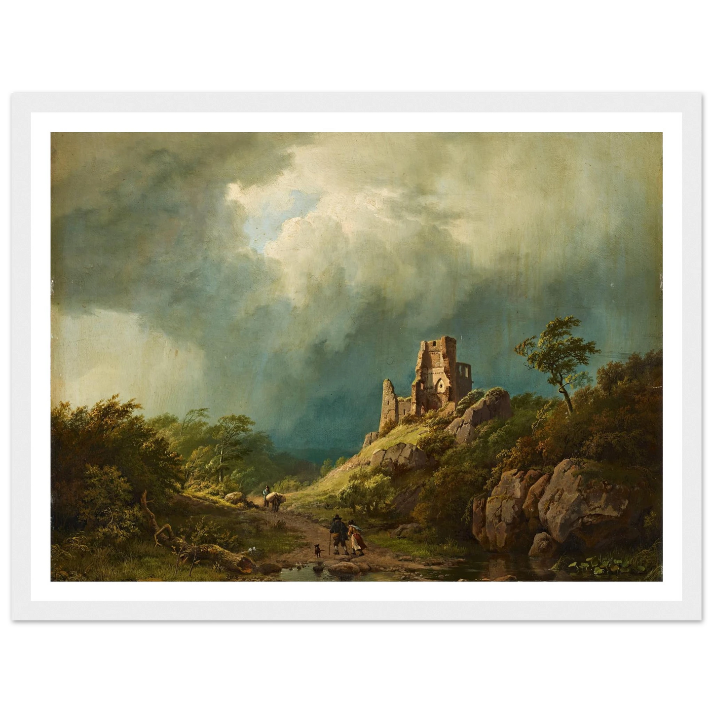 Travellers passing a ruined castle in a stormy landscape (1835) Art Print | Barend Cornelis Koekkoek - Framed Poster - 30x40 cm / 12x16″ - Black frame