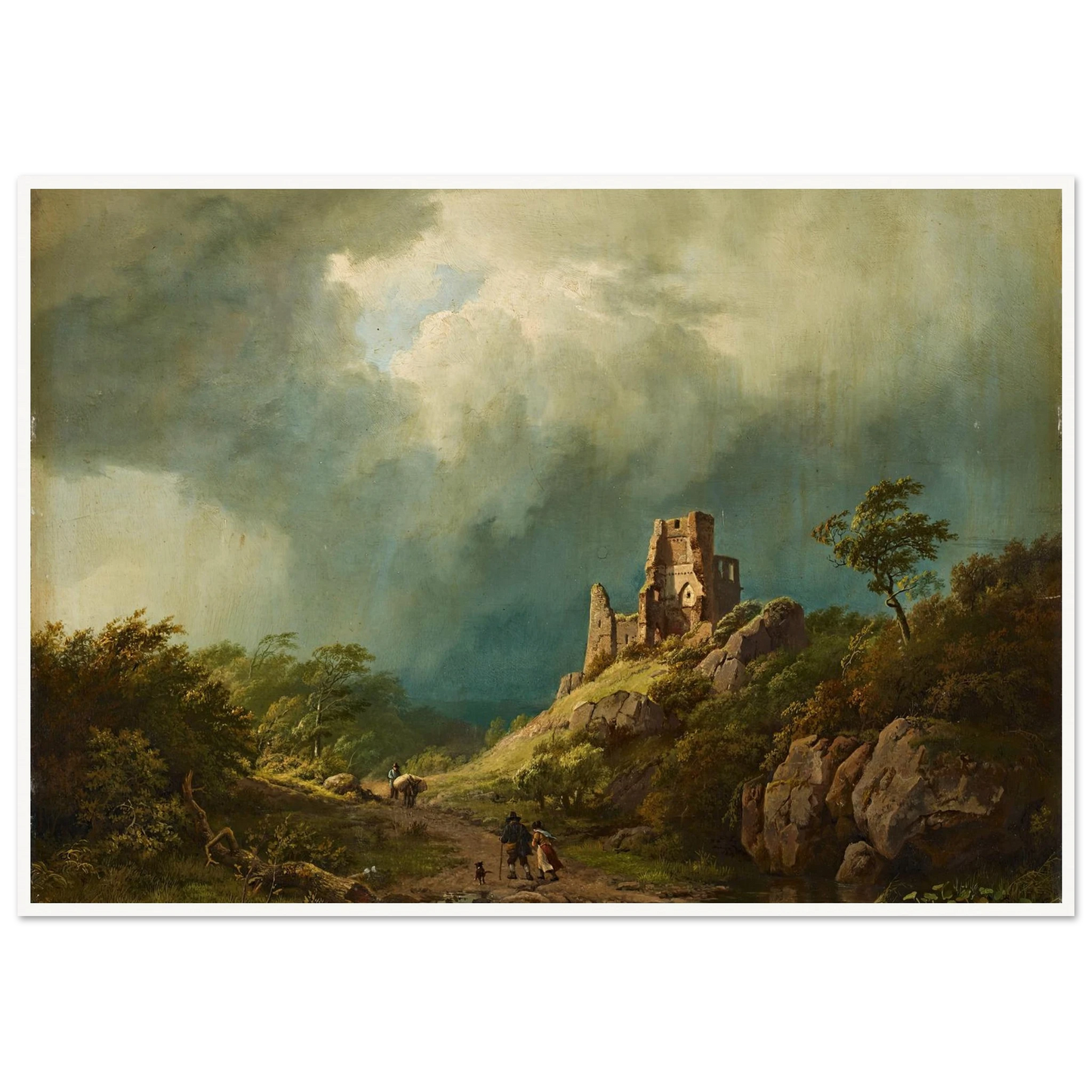 Travellers passing a ruined castle in a stormy landscape (1835) Art Print | Barend Cornelis Koekkoek - Framed Poster - 30x40 cm / 12x16″ - Black frame