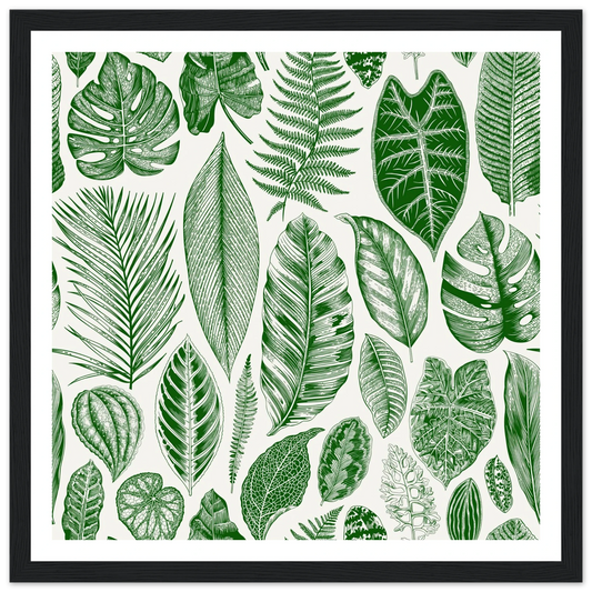 Tropical Leaf Engraving Art Print | William Morris Inspired - Framed Poster - 30x30 cm / 12x12″ - Black frame