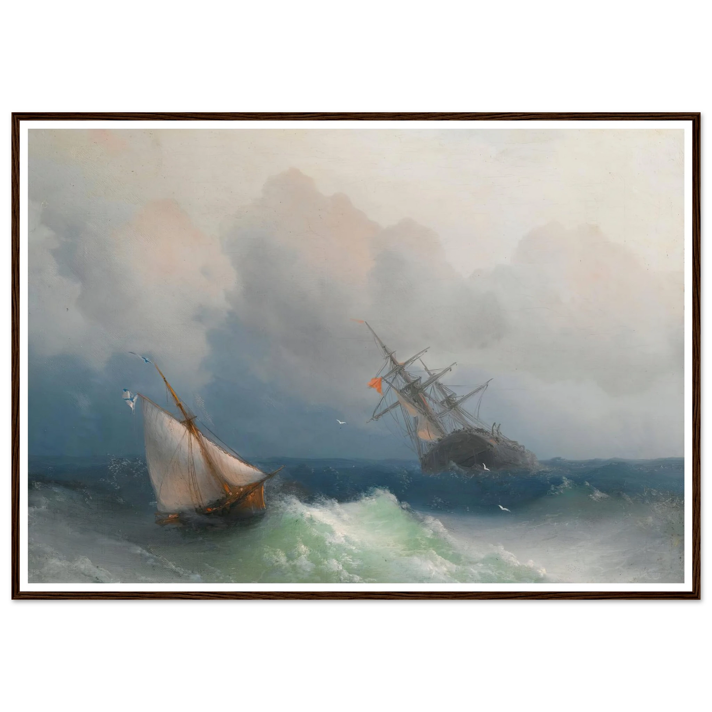 Two Ships At Sea (1863) Art Print | Ivan Konstantinovich Aivazovsky - Framed Poster - 30x40 cm / 12x16″ - Black frame