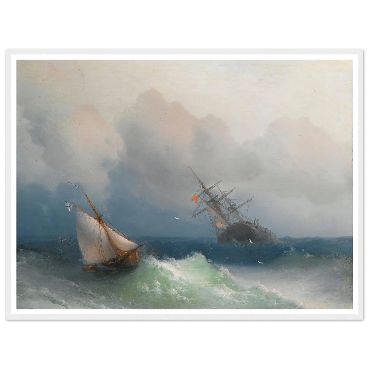 Two Ships At Sea (1863) Art Print | Ivan Konstantinovich Aivazovsky - Framed Poster - 30x40 cm / 12x16″ - Black frame