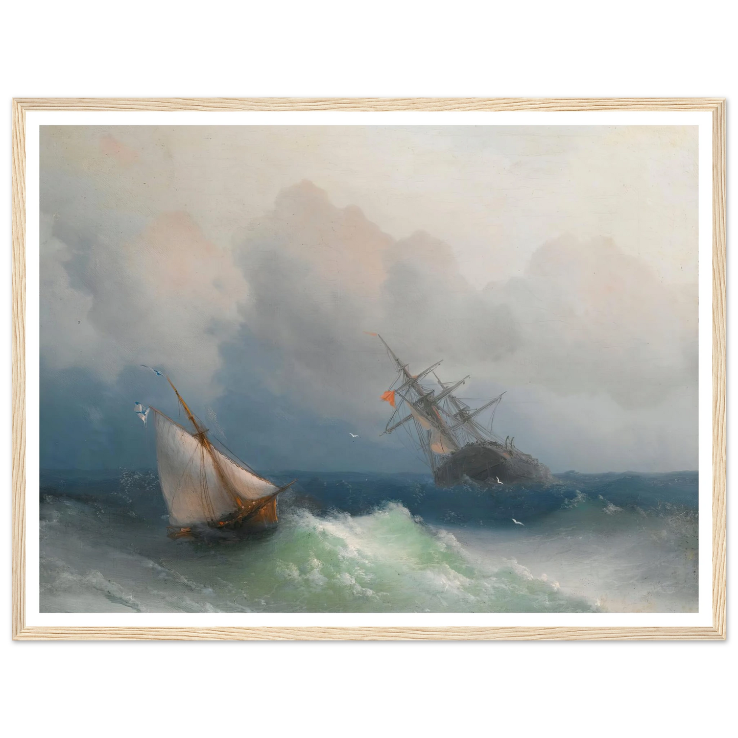 Two Ships At Sea (1863) Art Print | Ivan Konstantinovich Aivazovsky - Framed Poster - 30x40 cm / 12x16″ - Black frame