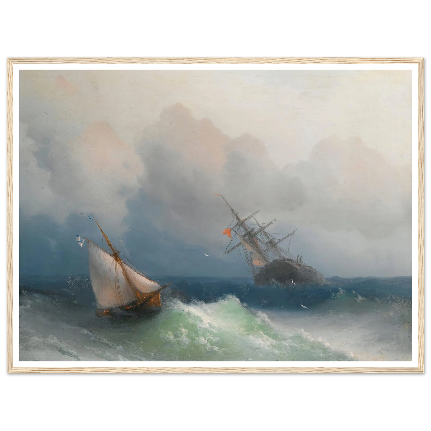 Two Ships At Sea (1863) Art Print | Ivan Konstantinovich Aivazovsky - Framed Poster - 30x40 cm / 12x16″ - Black frame