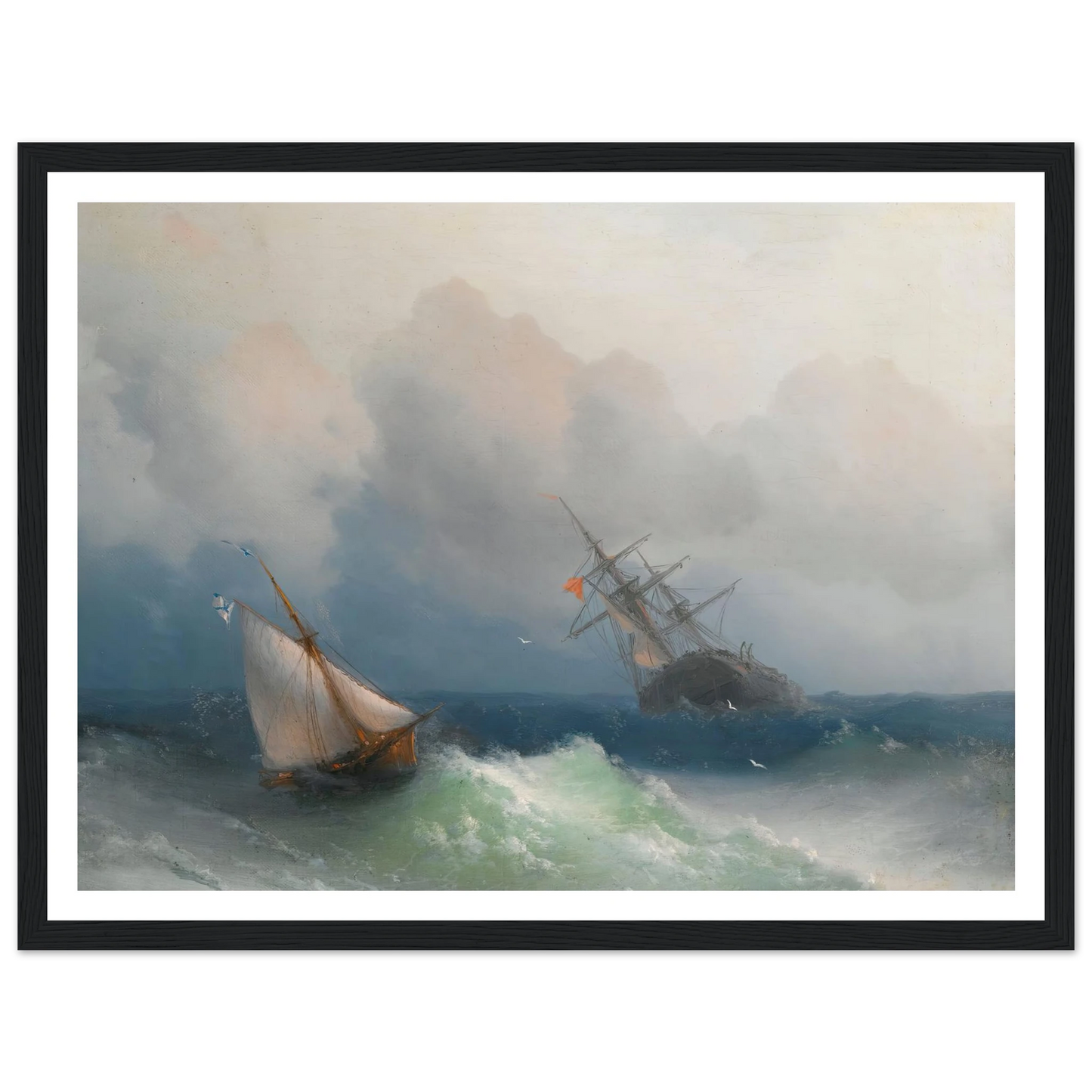 Two Ships At Sea (1863) Art Print | Ivan Konstantinovich Aivazovsky - Framed Poster - 30x40 cm / 12x16″ - Black frame