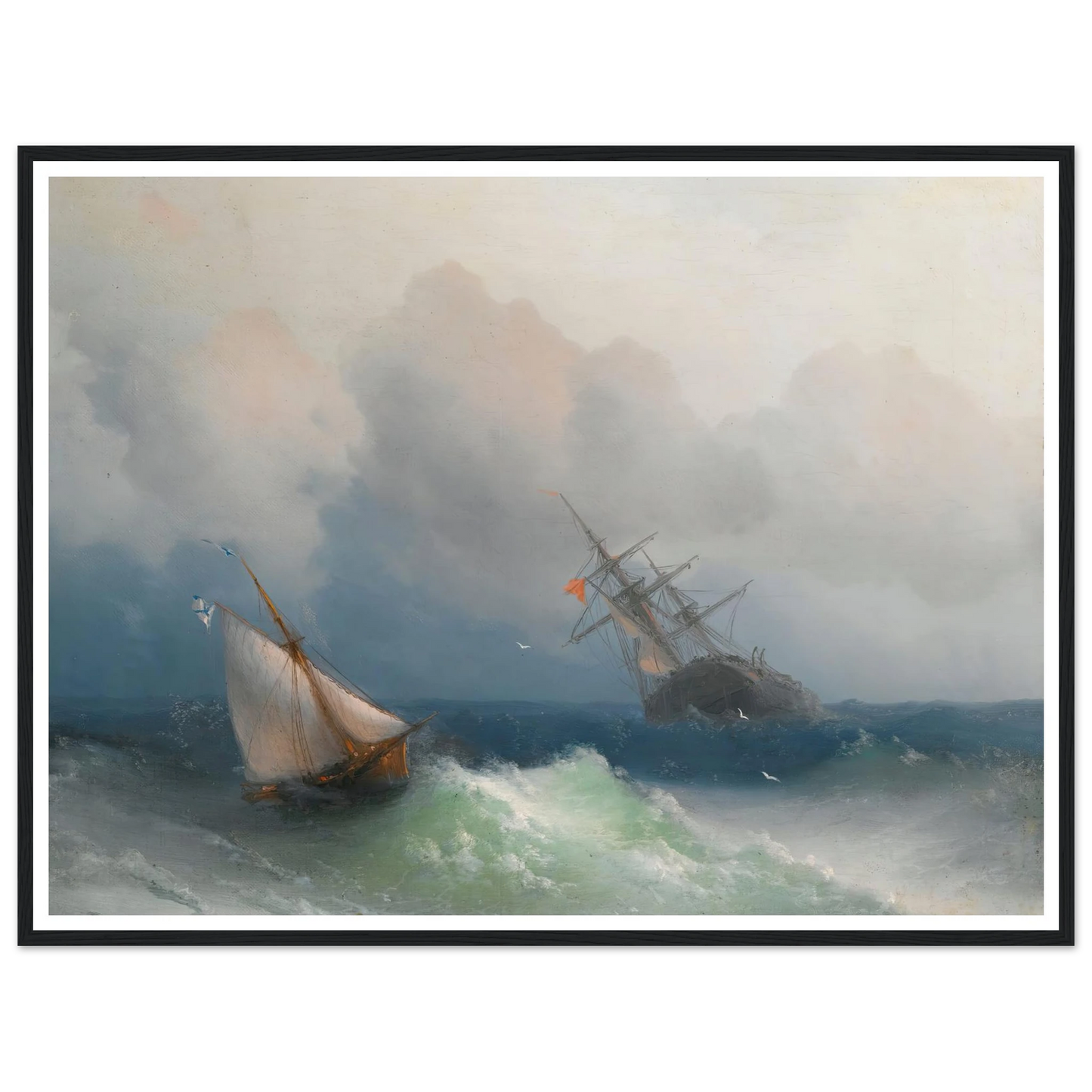 Two Ships At Sea (1863) Art Print | Ivan Konstantinovich Aivazovsky - Framed Poster - 30x40 cm / 12x16″ - Black frame