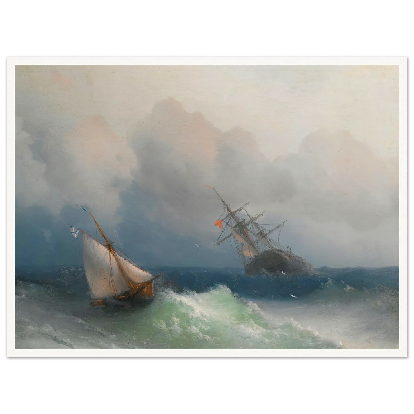 Two Ships At Sea (1863) Art Print | Ivan Konstantinovich Aivazovsky - Framed Poster - 30x40 cm / 12x16″ - Black frame