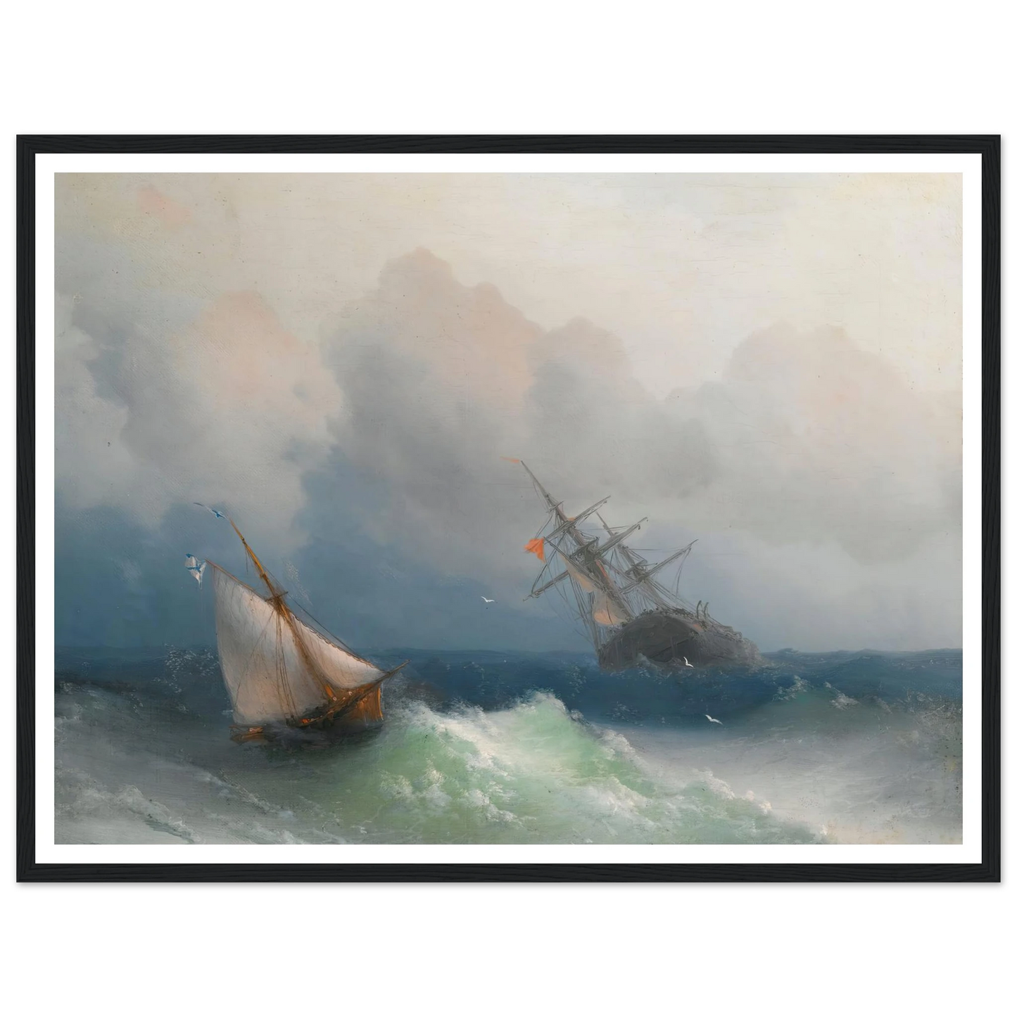 Two Ships At Sea (1863) Art Print | Ivan Konstantinovich Aivazovsky - Framed Poster - 30x40 cm / 12x16″ - Black frame
