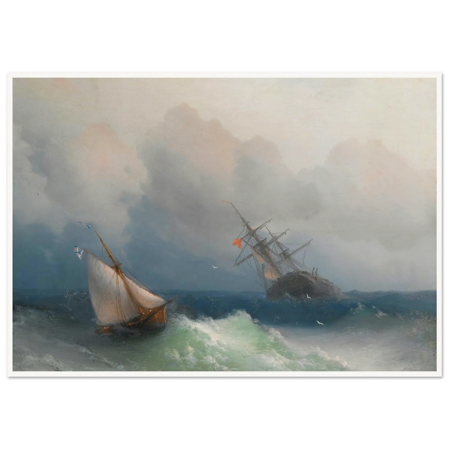 Two Ships At Sea (1863) Art Print | Ivan Konstantinovich Aivazovsky - Framed Poster - 30x40 cm / 12x16″ - Black frame