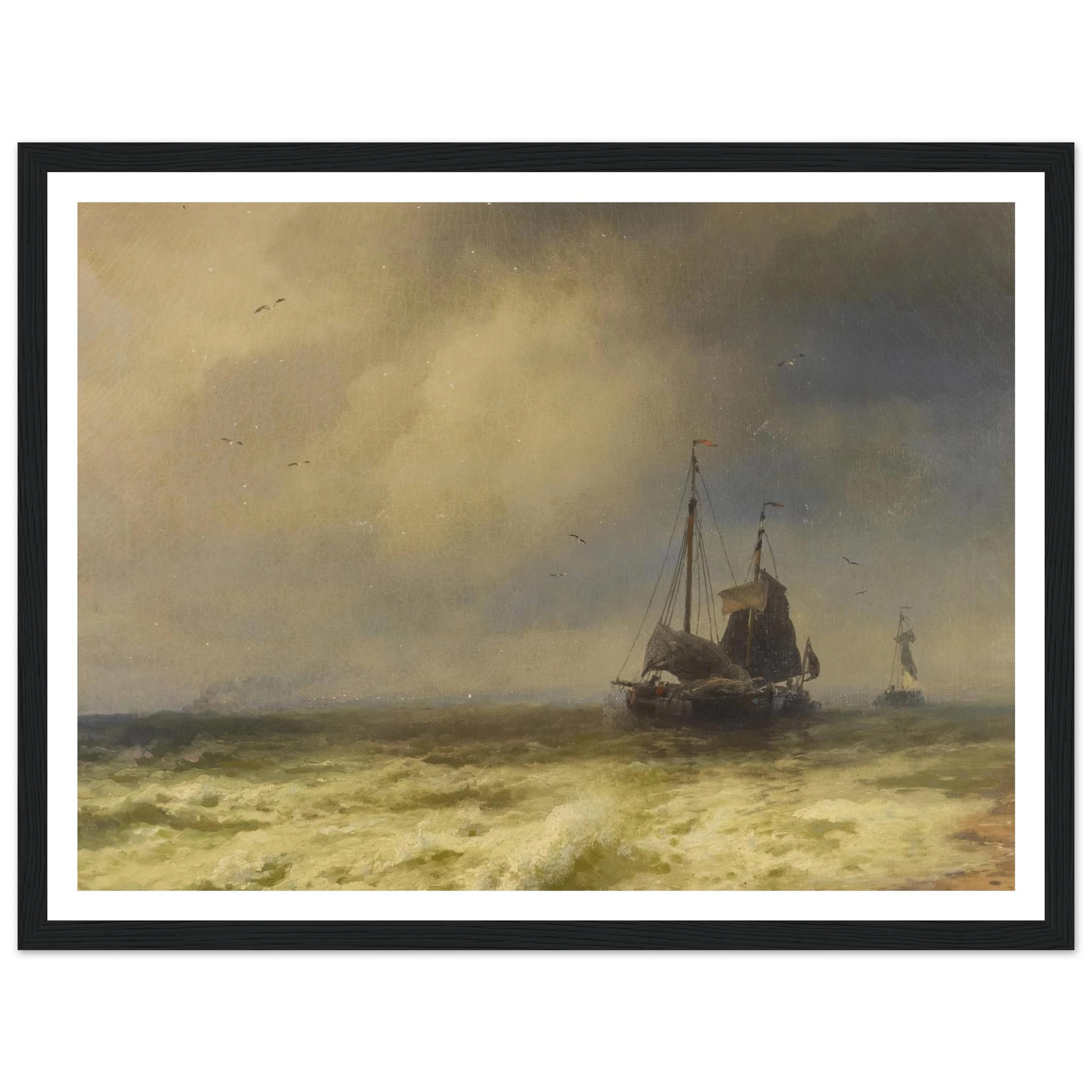 Two Ships By the Shoreline Art Print | Hermann Ottomar Herzog - Framed Poster - 30x40 cm / 12x16″ - Black frame