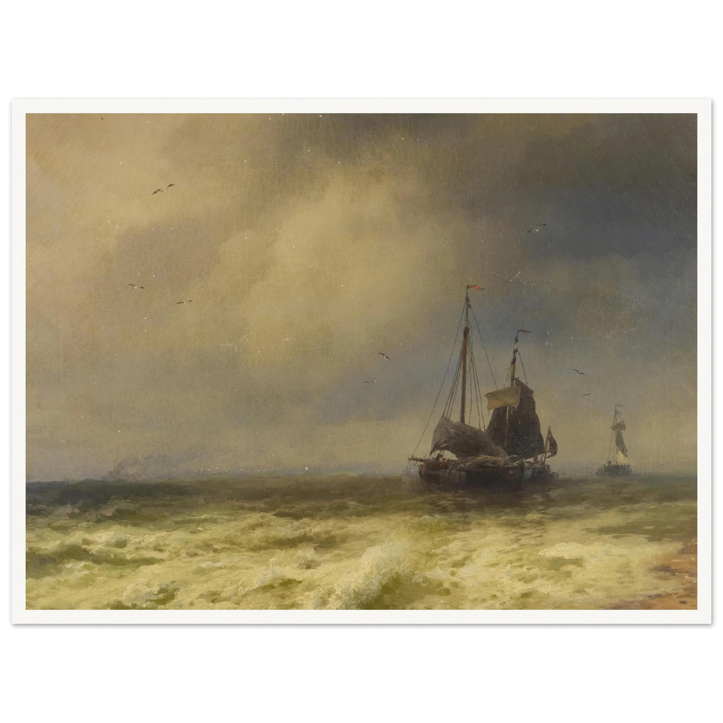 Two Ships By the Shoreline Art Print | Hermann Ottomar Herzog - Framed Poster - 30x40 cm / 12x16″ - Black frame