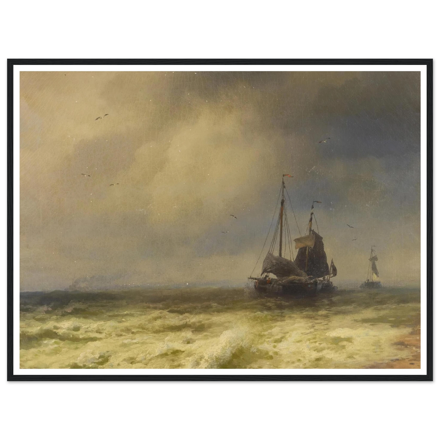 Two Ships By the Shoreline Art Print | Hermann Ottomar Herzog - Framed Poster - 30x40 cm / 12x16″ - Black frame