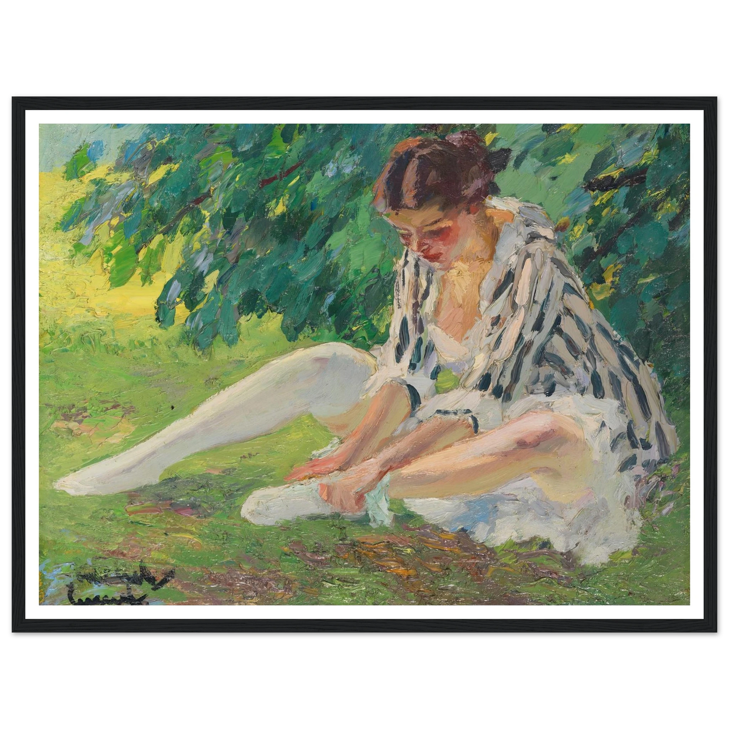 Undressing (sitting in the grass) (1910) Art Print | Edward Cucuel - Framed Poster - 30x40 cm / 12x16″ - Black frame
