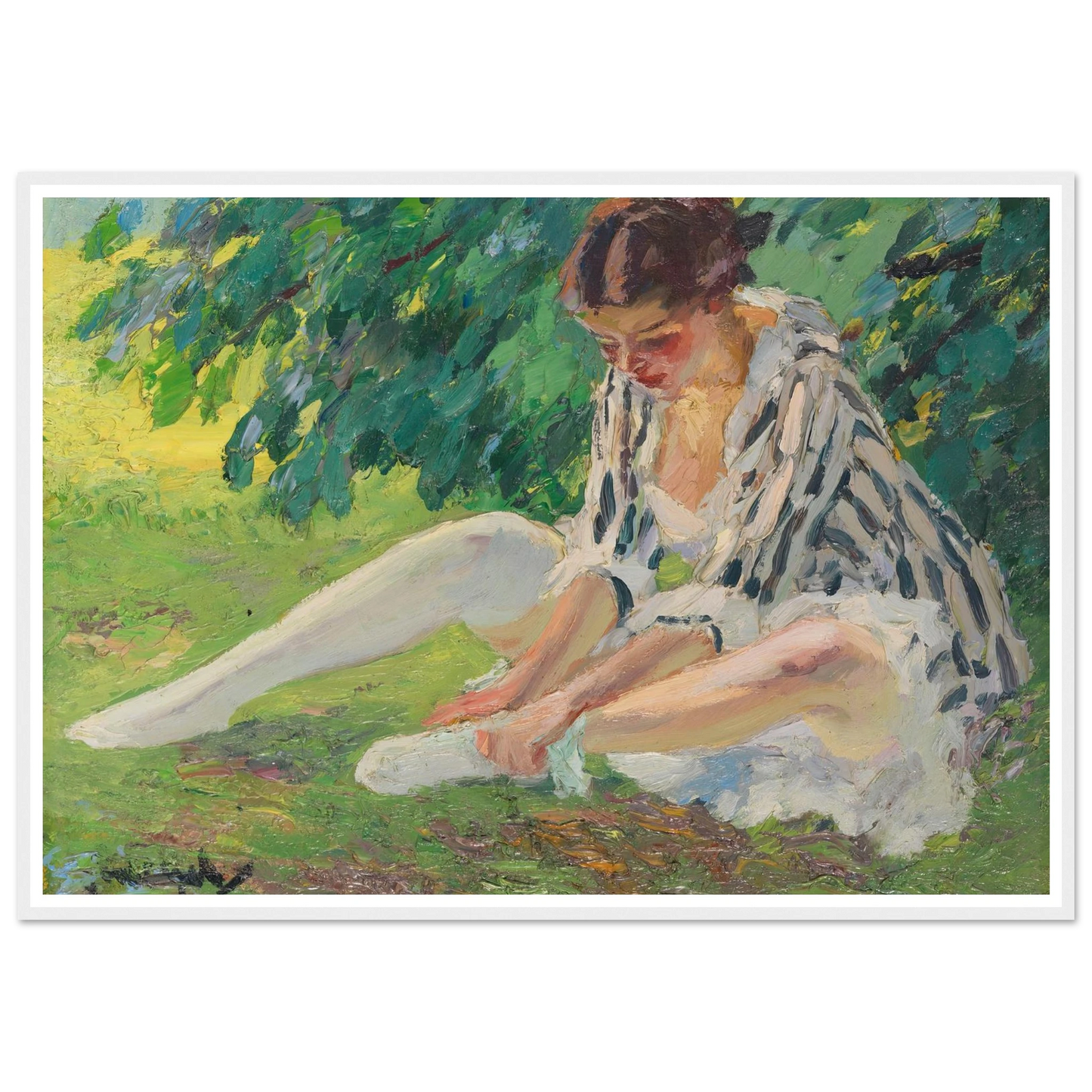 Undressing (sitting in the grass) (1910) Art Print | Edward Cucuel - Framed Poster - 30x40 cm / 12x16″ - Black frame