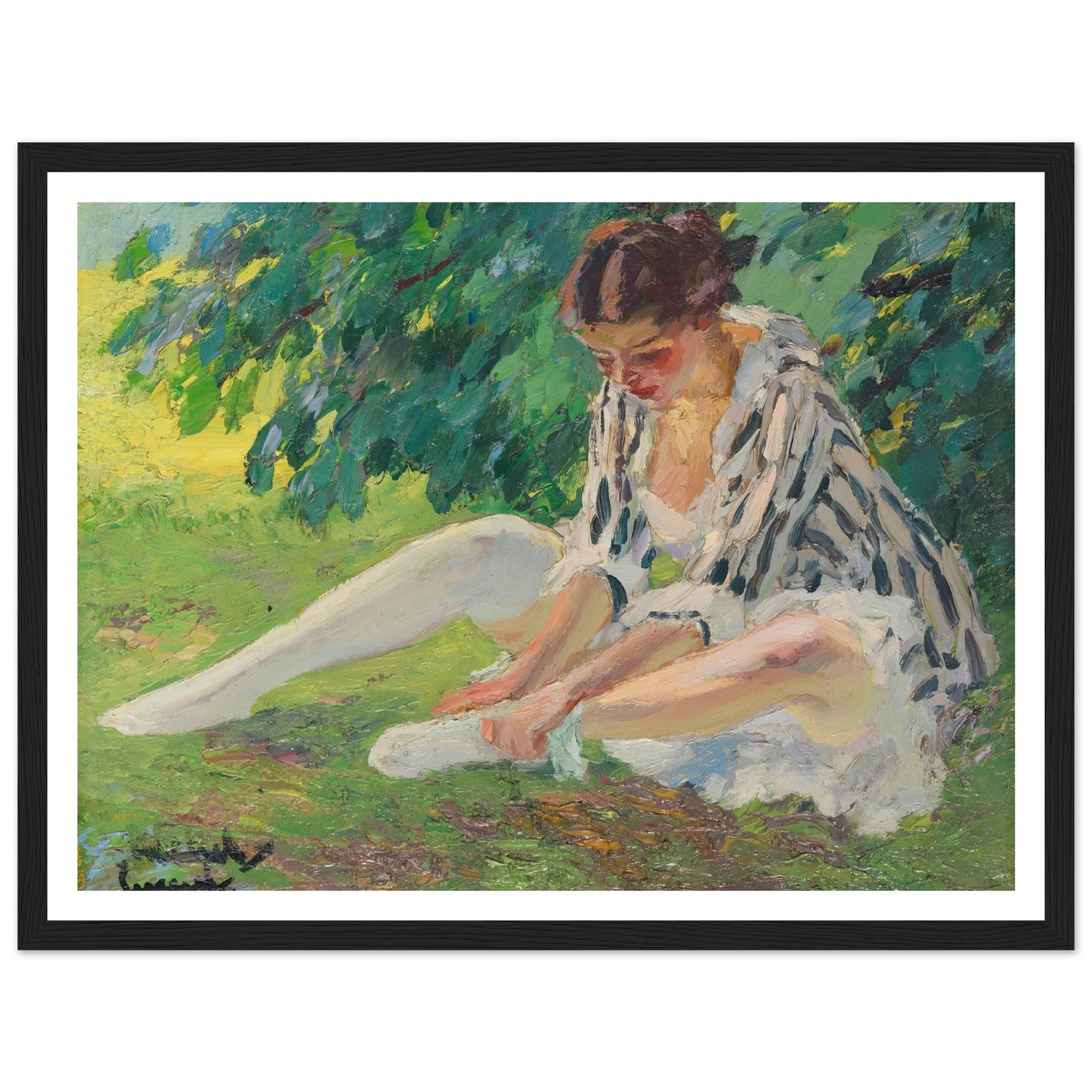 Undressing (sitting in the grass) (1910) Art Print | Edward Cucuel - Framed Poster - 30x40 cm / 12x16″ - Black frame