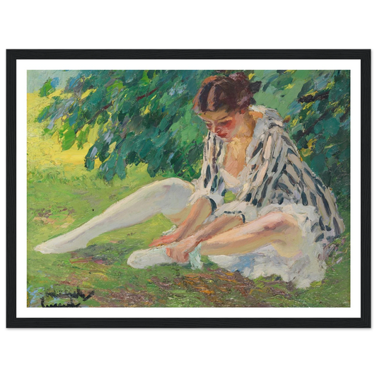 Undressing (sitting in the grass) (1910) Art Print | Edward Cucuel - Framed Poster - 30x40 cm / 12x16″ - Black frame