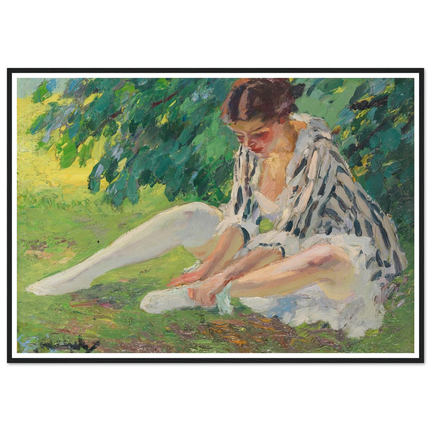 Undressing (sitting in the grass) (1910) Art Print | Edward Cucuel - Framed Poster - 30x40 cm / 12x16″ - Black frame