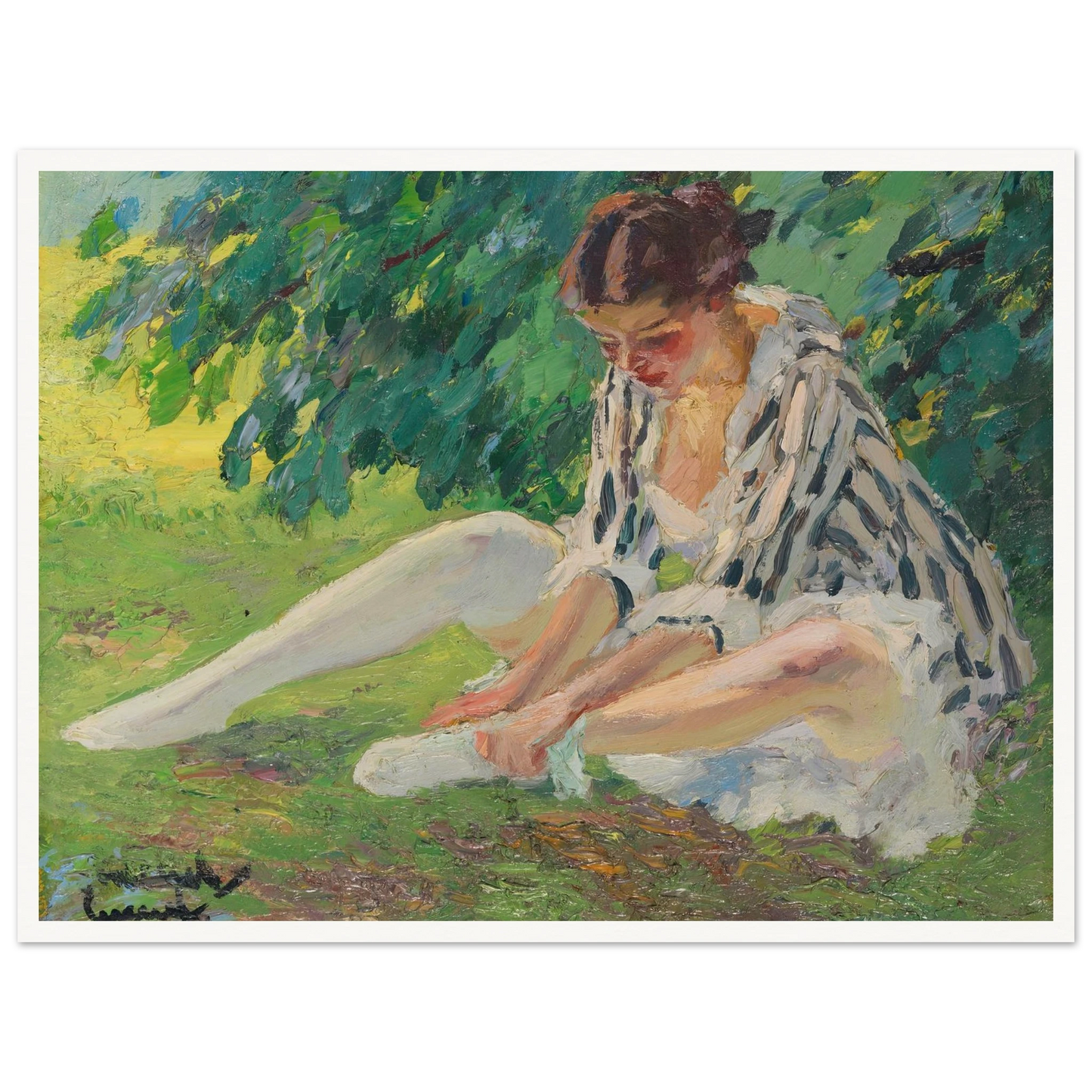 Undressing (sitting in the grass) (1910) Art Print | Edward Cucuel - Framed Poster - 30x40 cm / 12x16″ - Black frame