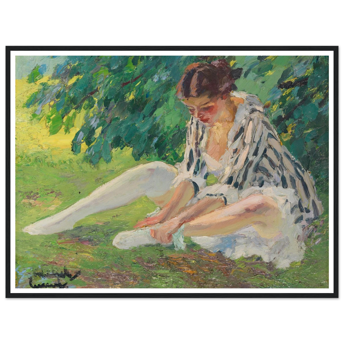 Undressing (sitting in the grass) (1910) Art Print | Edward Cucuel - Framed Poster - 30x40 cm / 12x16″ - Black frame