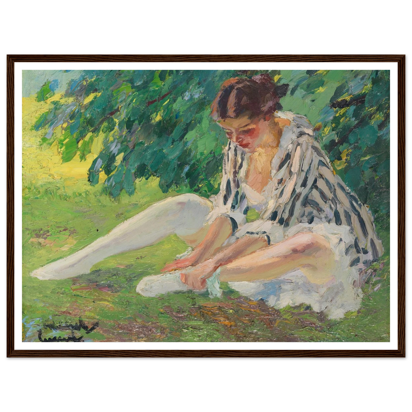 Undressing (sitting in the grass) (1910) Art Print | Edward Cucuel - Framed Poster - 30x40 cm / 12x16″ - Black frame