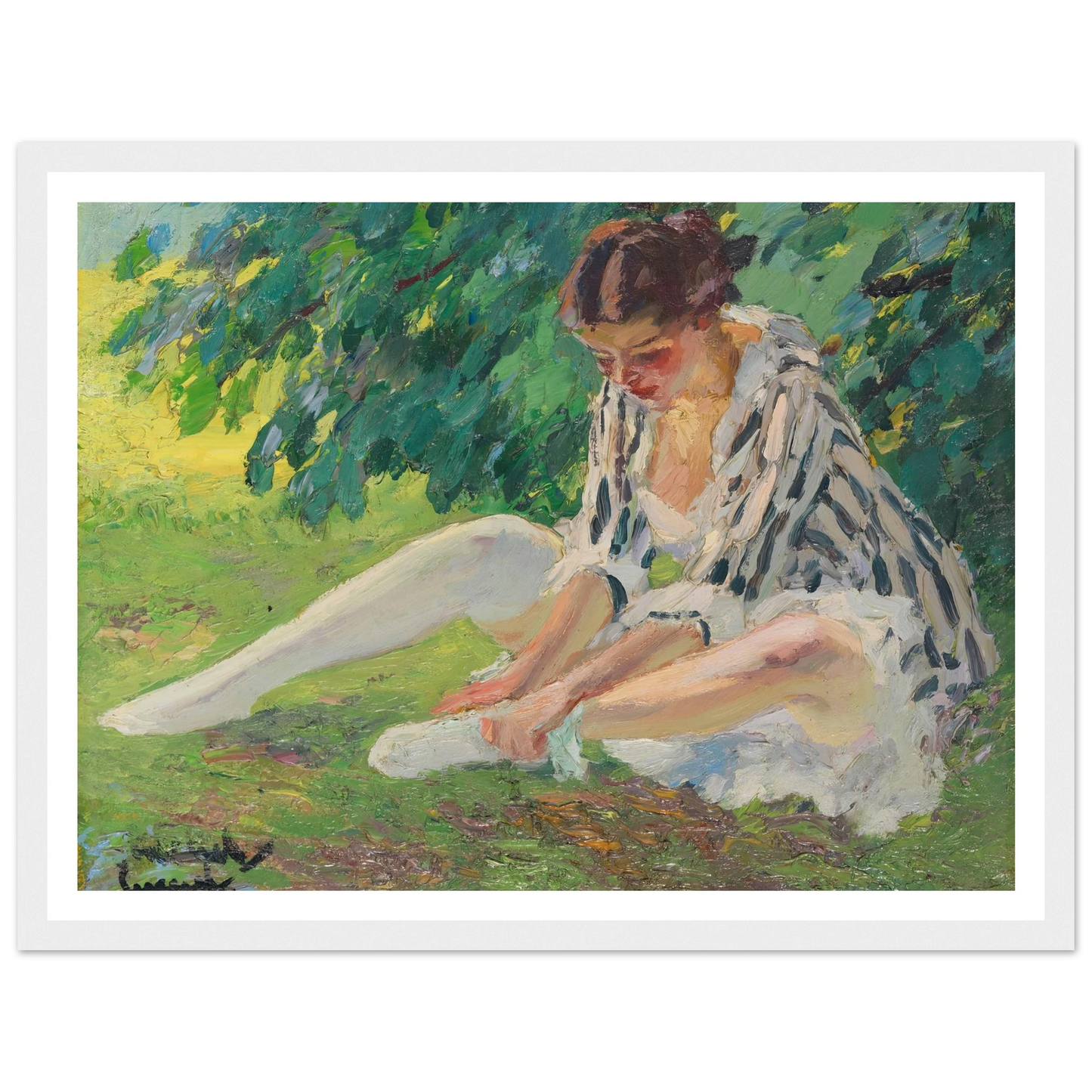 Undressing (sitting in the grass) (1910) Art Print | Edward Cucuel - Framed Poster - 30x40 cm / 12x16″ - Black frame