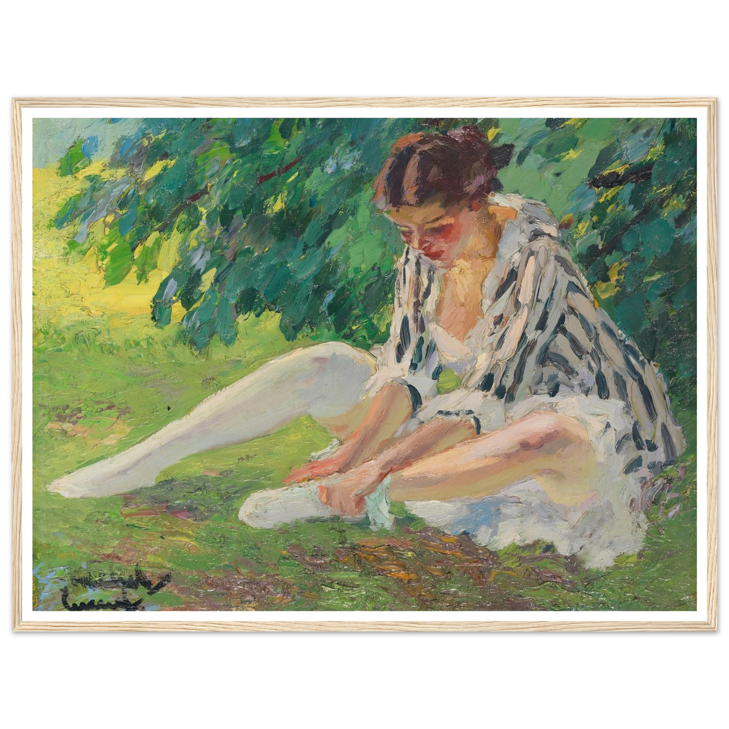Undressing (sitting in the grass) (1910) Art Print | Edward Cucuel - Framed Poster - 30x40 cm / 12x16″ - Black frame