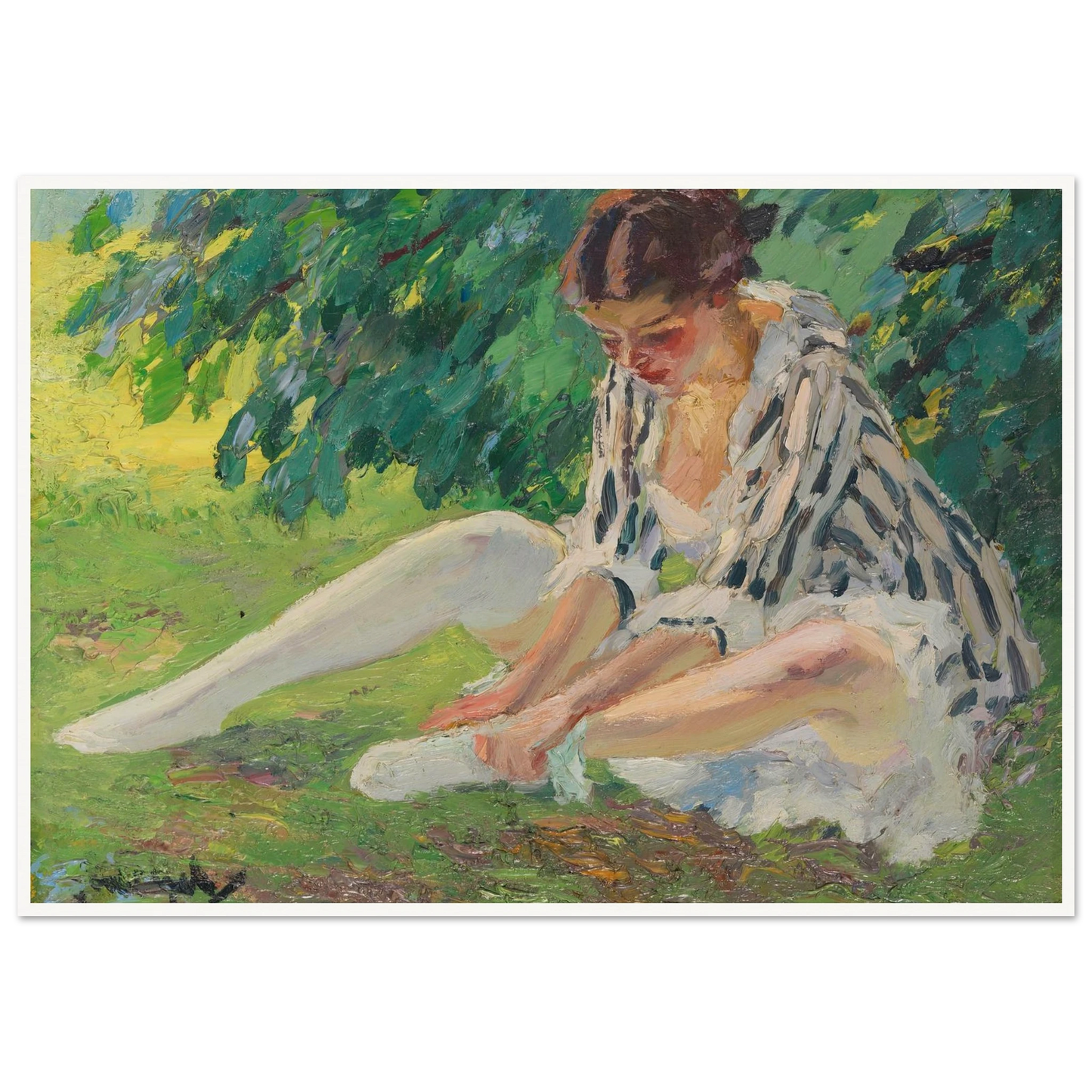 Undressing (sitting in the grass) (1910) Art Print | Edward Cucuel - Framed Poster - 30x40 cm / 12x16″ - Black frame