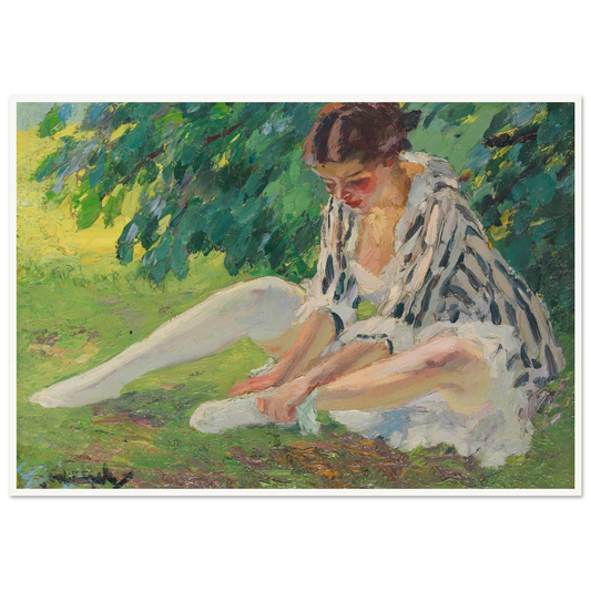 Undressing (sitting in the grass) (1910) Art Print | Edward Cucuel - Framed Poster - 30x40 cm / 12x16″ - Black frame