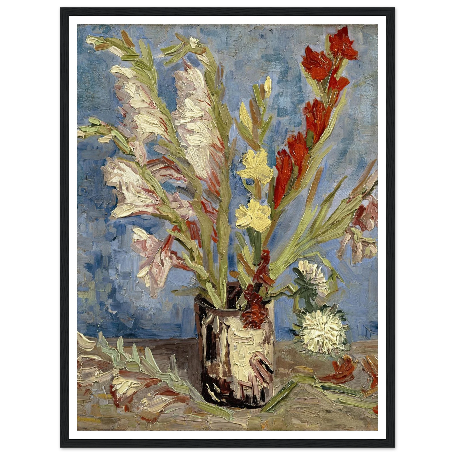 Vase with gladioli and China asters (1886) Art Print | Vincent van Gogh - Framed Poster - 30x40 cm / 12x16″ - Black frame