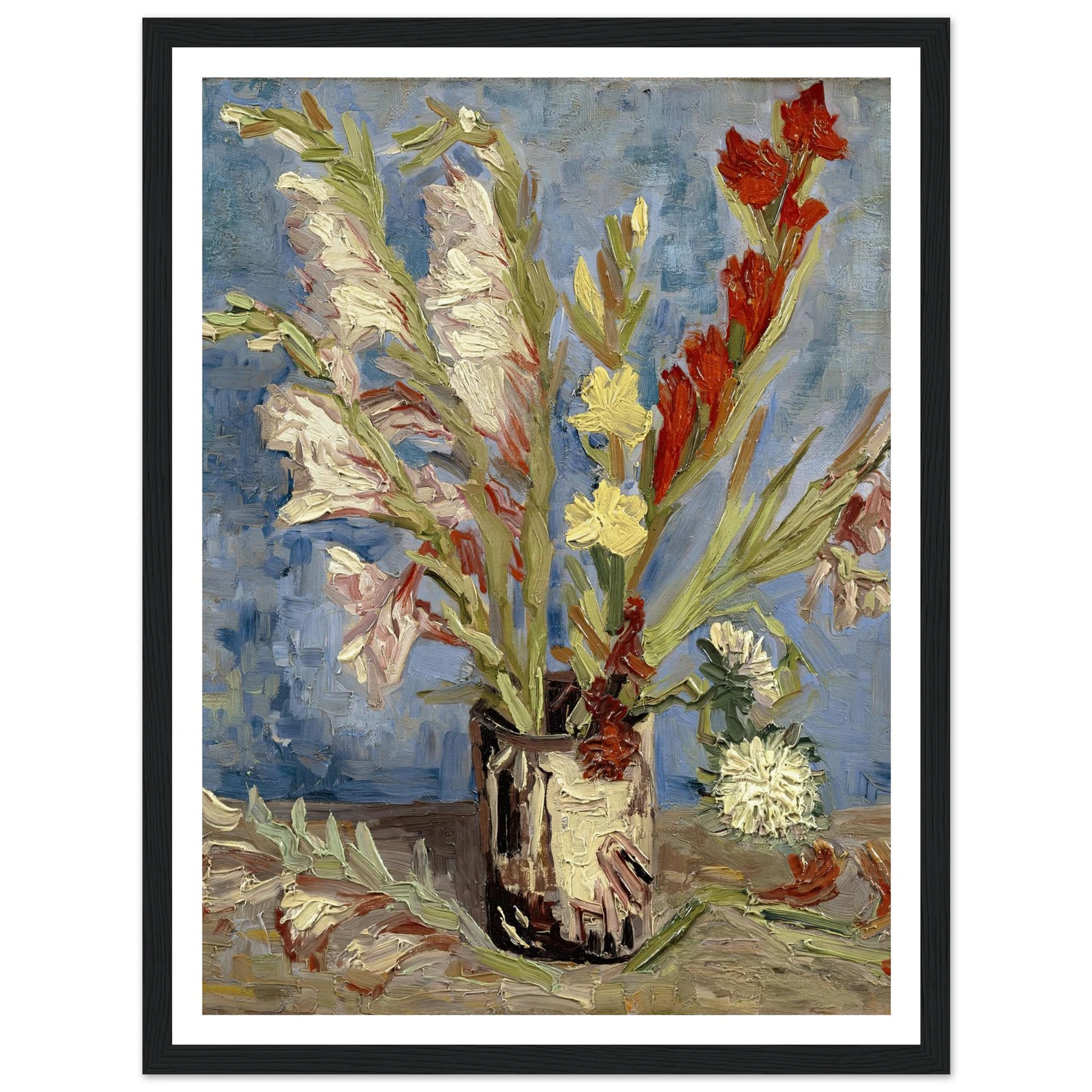 Vase with gladioli and China asters (1886) Art Print | Vincent van Gogh - Framed Poster - 30x40 cm / 12x16″ - Black frame