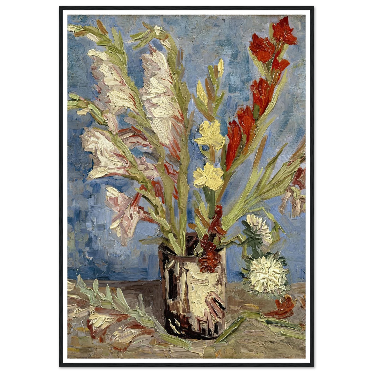 Vase with gladioli and China asters (1886) Art Print | Vincent van Gogh - Framed Poster - 30x40 cm / 12x16″ - Black frame