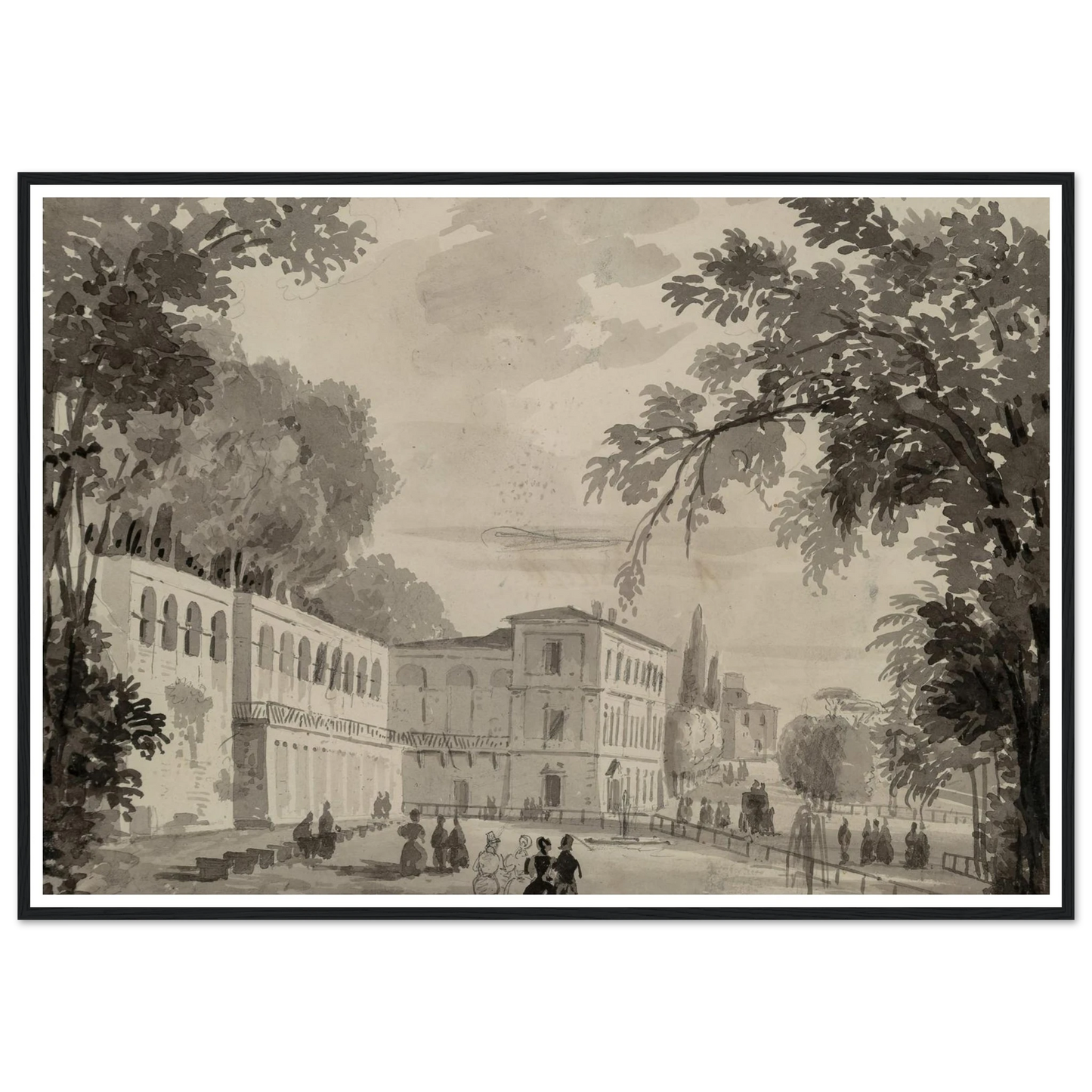 Veduta of the Aqueduct and Aranciera of the Villa Borghese, Rome Art Print | Ippolito Caffi - Framed Poster - 30x40 cm / 12x16″ - Black frame