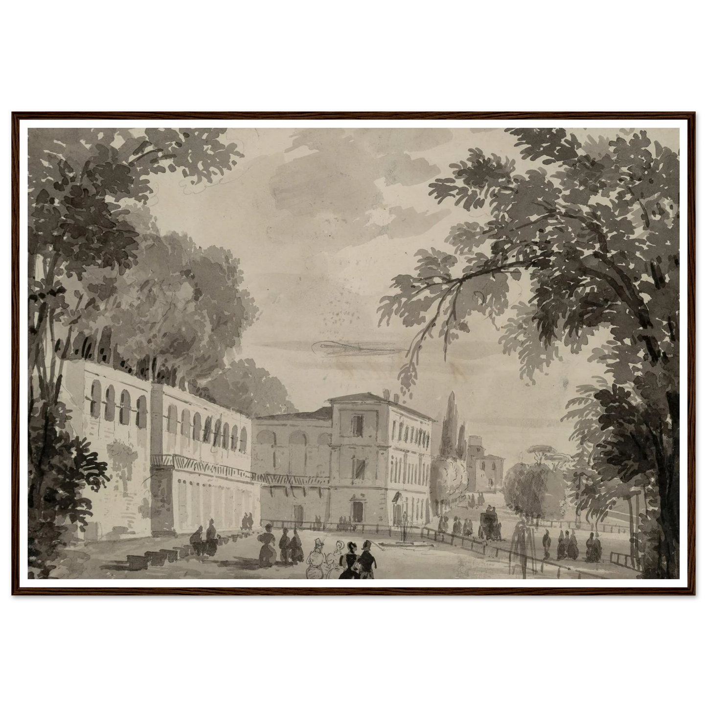 Veduta of the Aqueduct and Aranciera of the Villa Borghese, Rome Art Print | Ippolito Caffi - Framed Poster - 30x40 cm / 12x16″ - Black frame